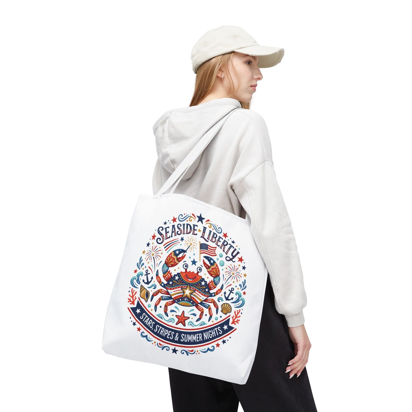 Seaside Liberty Tote Bag — 4th of July, Patriotic Bag "Stars, Stripes & Summer Nights"