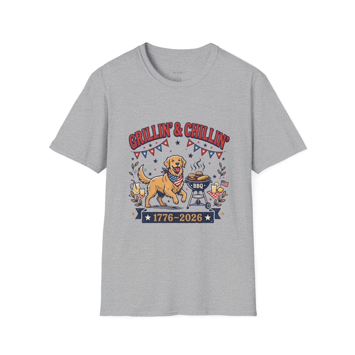 Grillin' & Chillin' BBQ Dog T-Shirt — 1776-2026 Patriotic Summer Tee, 4th of July Shirt, Independence Day Tee
