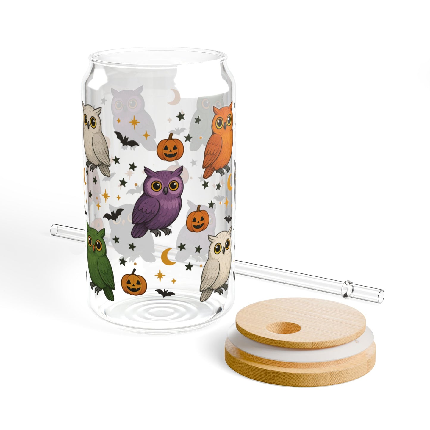 Halloween Owl Sipper Glass, 16oz | Cute Owl Drinkware | Fall Themed Mug | Spooky Decor