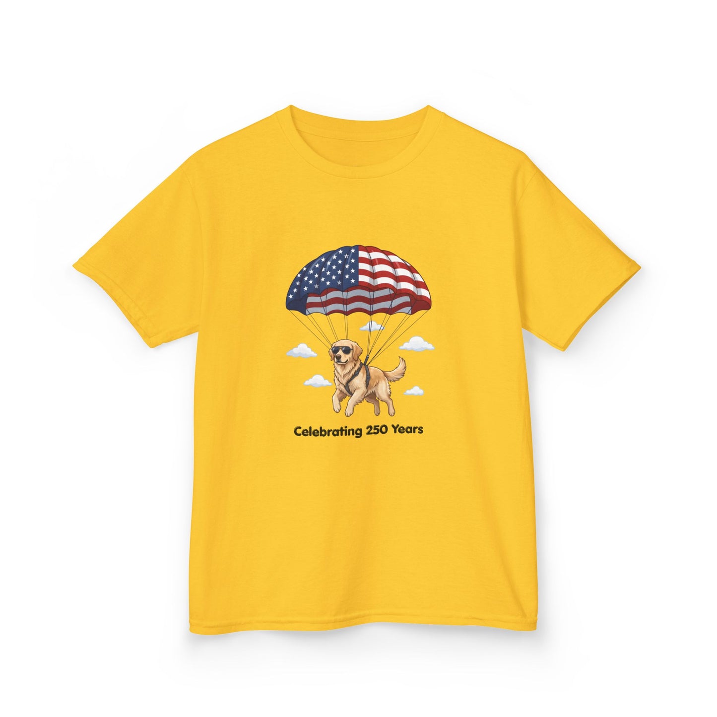 Kids Tee — Dog with Parachute, "Celebrating 250 Years" (Patriotic Fourth of July)