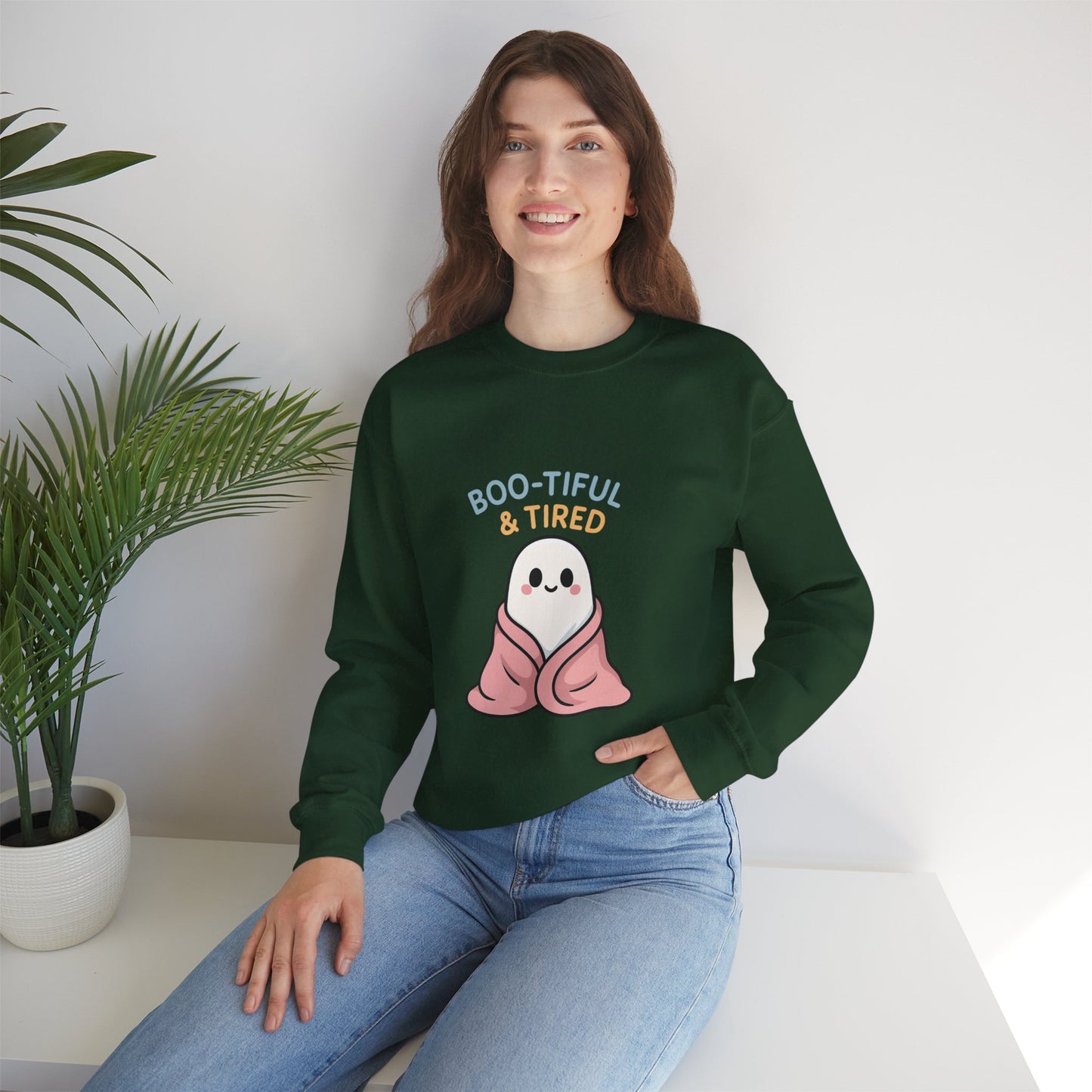 Boo-tiful & Tired Sweatshirt, Halloween-Themed Design