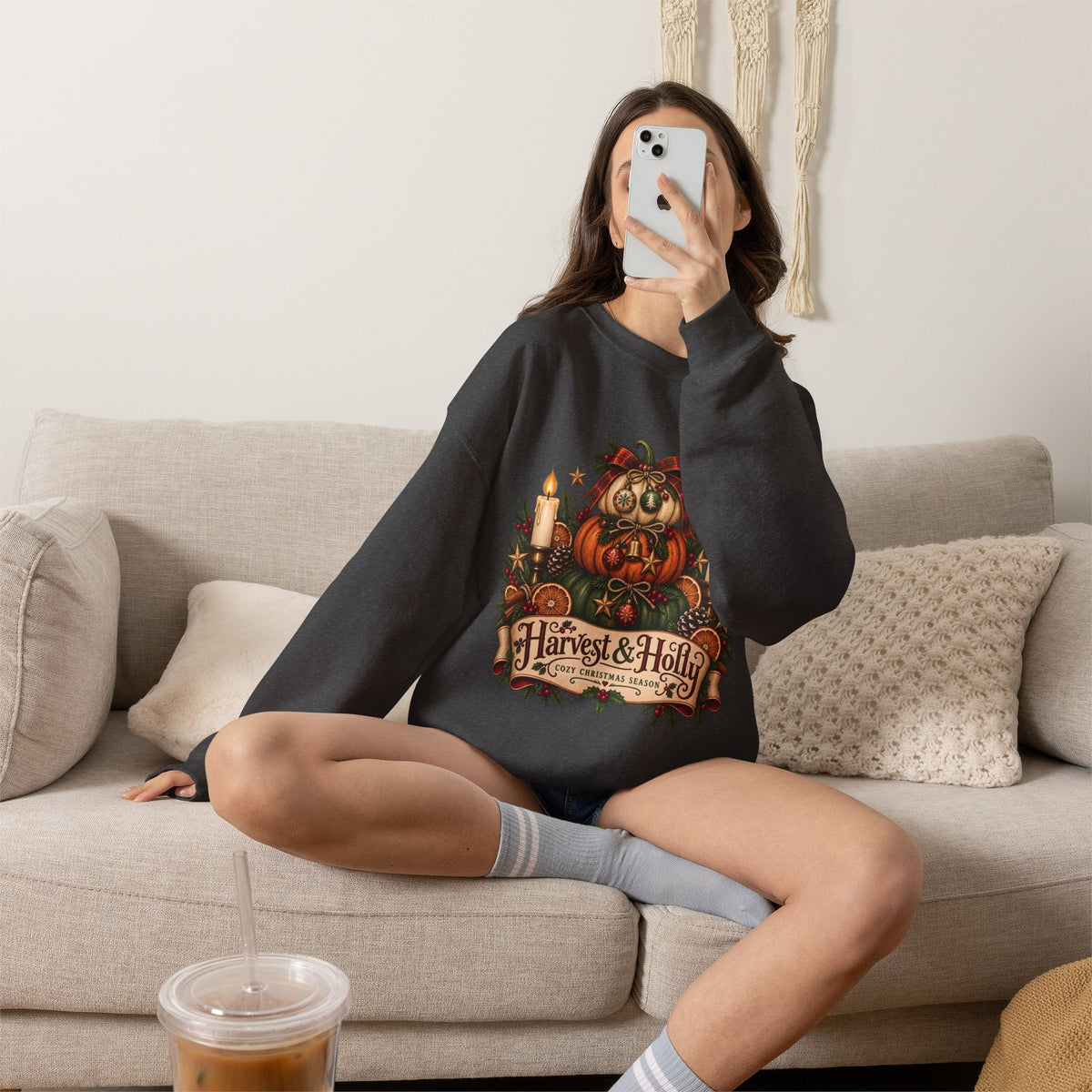 Harvest & Holly Crewneck Sweatshirt — Vintage Pumpkin Fall Graphic Sweatshirt