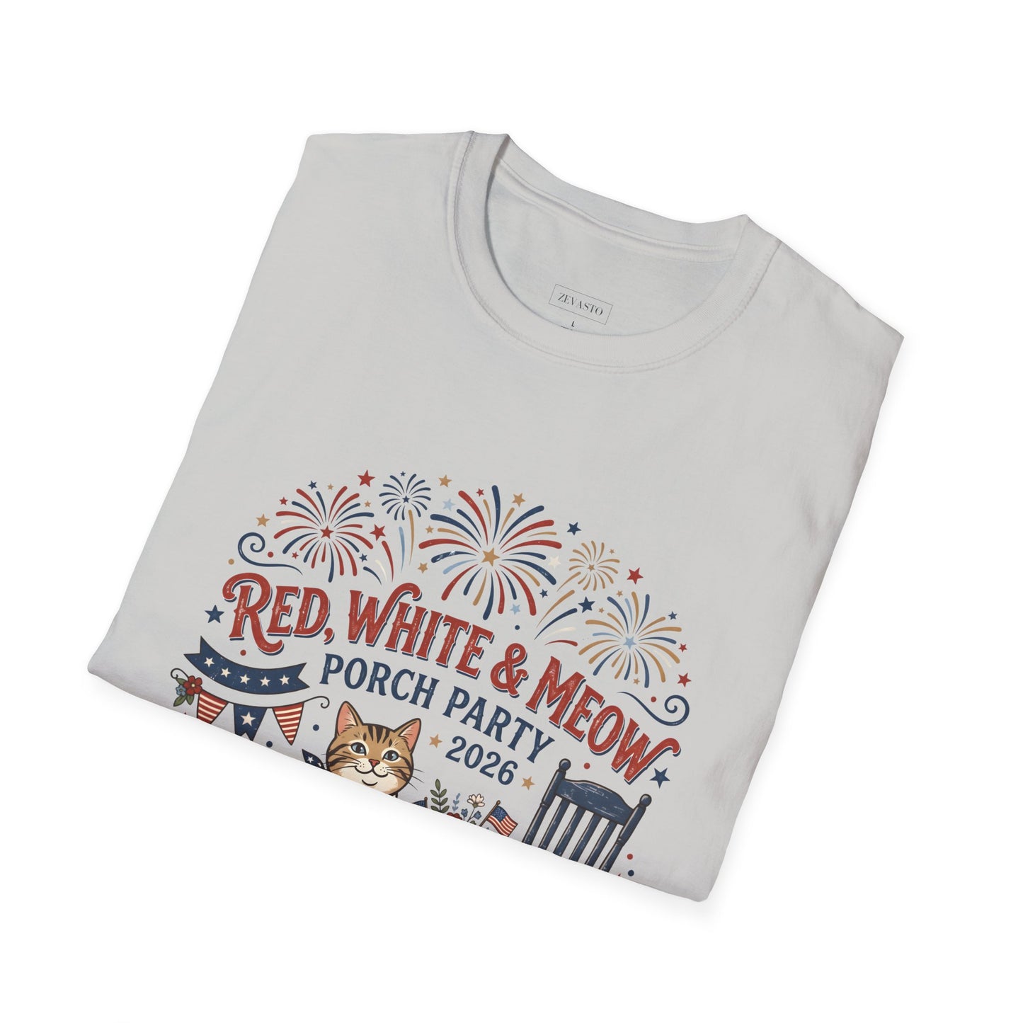 Red, White & Meow Porch Party T-Shirt — 2026 Patriotic Cat Tee, 4th of July Shirt, Independence Day Gift