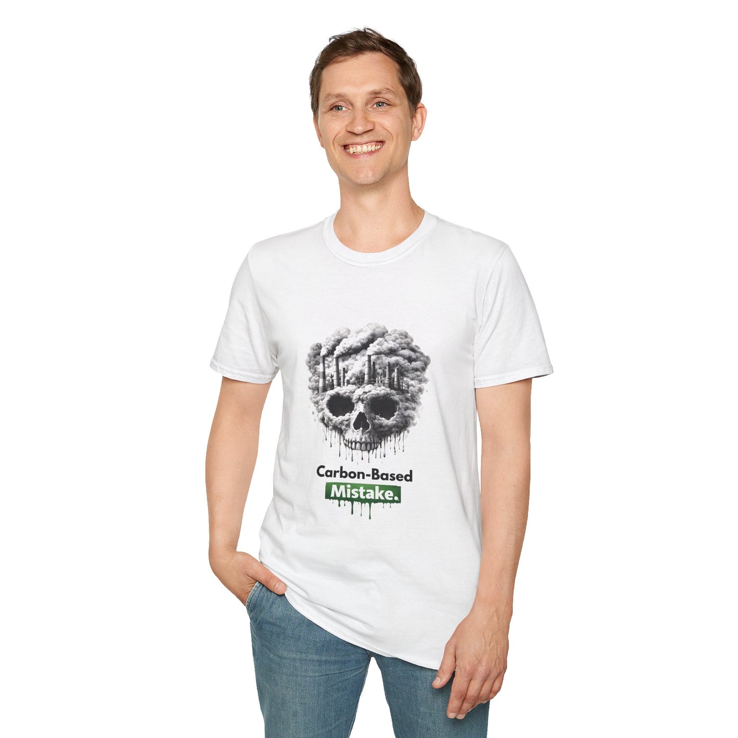 Carbon-Based Mistake Skull T-Shirt — Dark Humor Graphic Tee for Earth Day