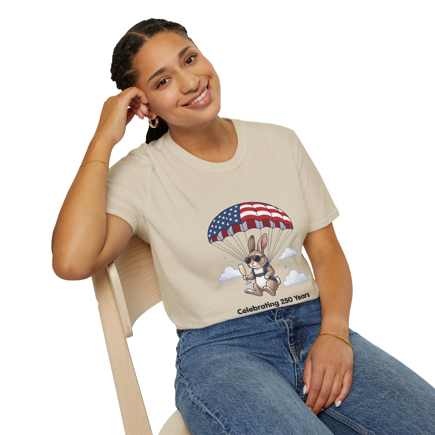 Patriotic Parachuting Bunny T-Shirt — "Celebrating 250 Years"