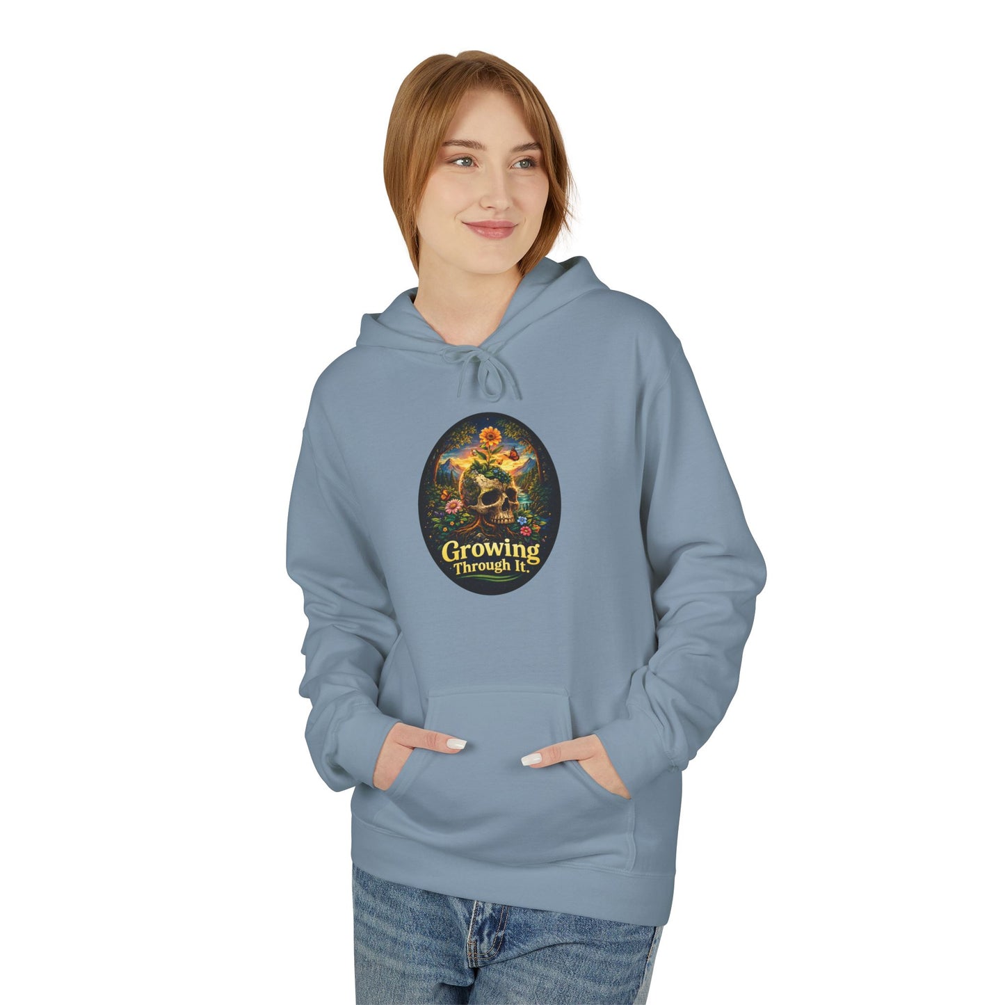 Growing Through It Hoodie – Earth Day Nature Skull Sweatshirt | Mental Growth & Healing Hoodie | Botanical Aesthetic Unisex Hoodie