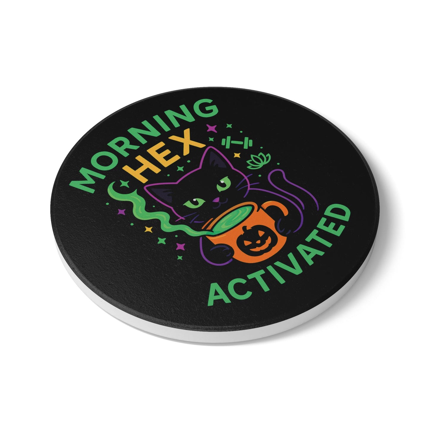 Whimsical Cat Ceramic Coaster, Morning Hex Activated, Halloween Decor