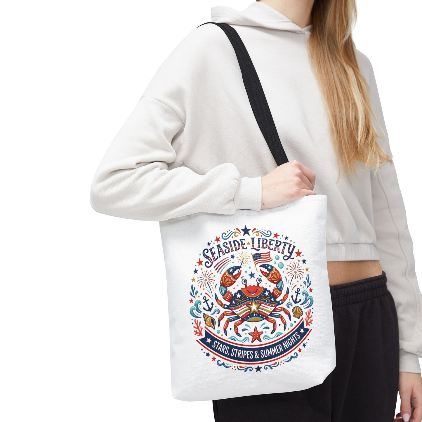 Seaside Liberty Tote Bag — 4th of July, Patriotic Bag "Stars, Stripes & Summer Nights"