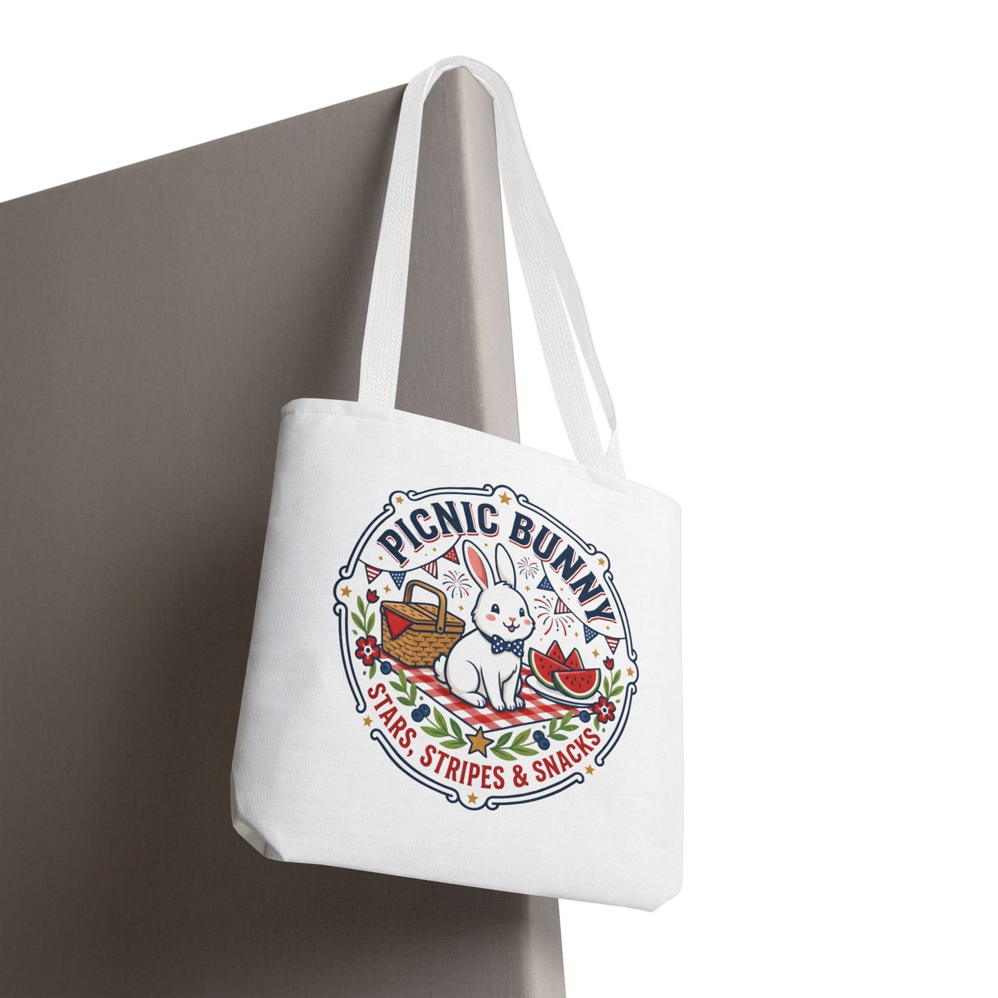 Patriotic Picnic Bunny Tote Bag — ‘Stars, Stripes & Snacks’ Cute Rabbit Picnic Tote, 4th of July Tote