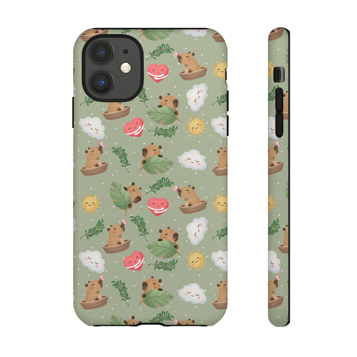 Cute Capybara Pattern Phone Case — Green Botanical Tough Case