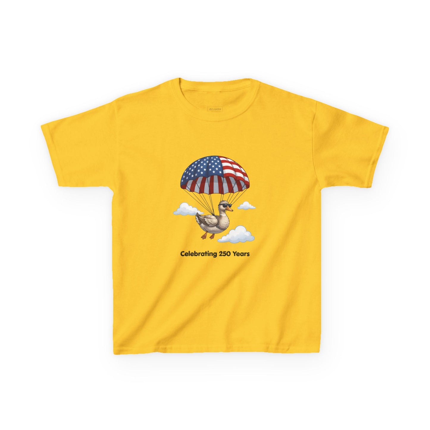 Kids Tee — Parachuting Duck, "Celebrating 250 Years"