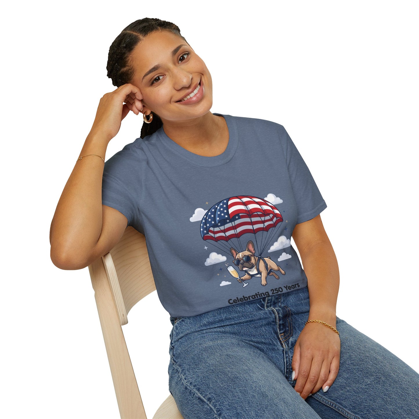 Patriotic French Bulldog T-Shirt — "Celebrating 250 Years" Parachute Design