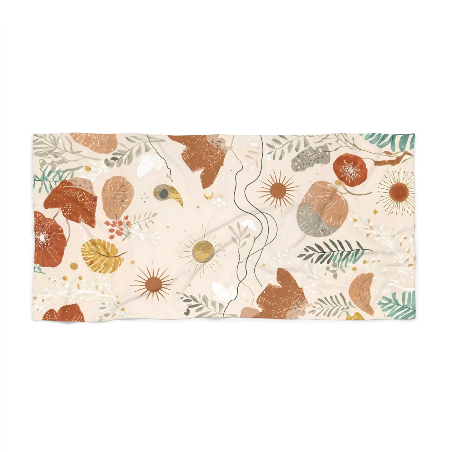 Boho Coastal Sun & Leaves Beach Towel