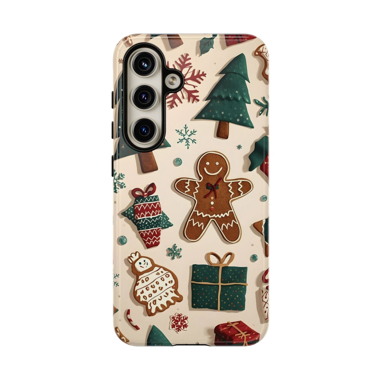 Christmas Phone Case with Gingerbread and Christmas Tree Design, Dual Layer Case for Iphone 17, 16, 15, 14, 13, 12, 11 & Samsung