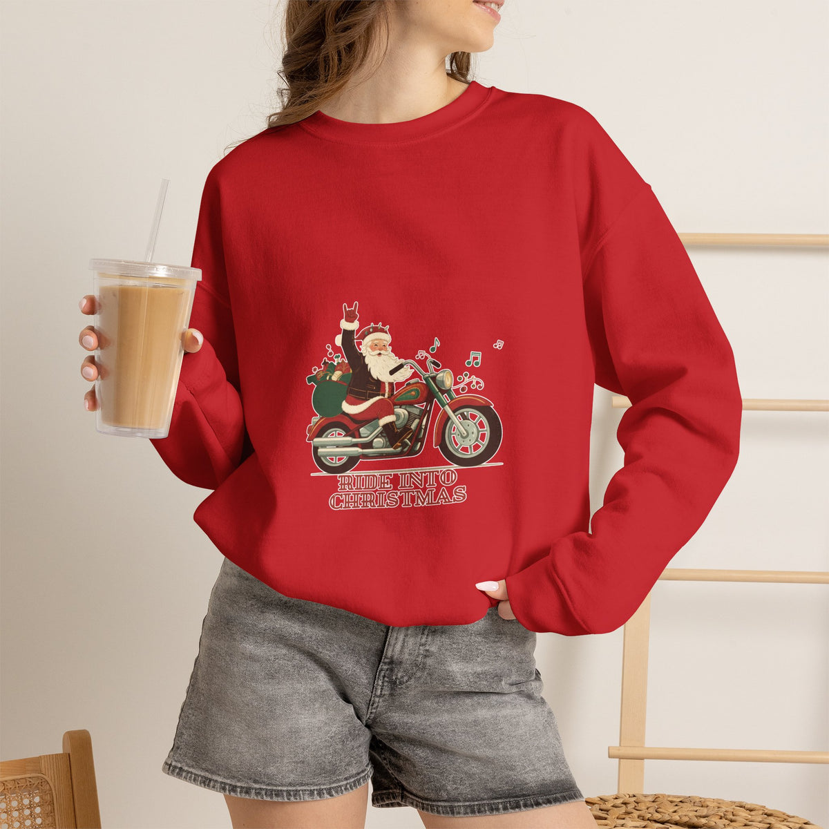 Christmas Motorcycle Sweatshirt - "Ride Into Christmas" Santa Biker Holiday Crewneck
