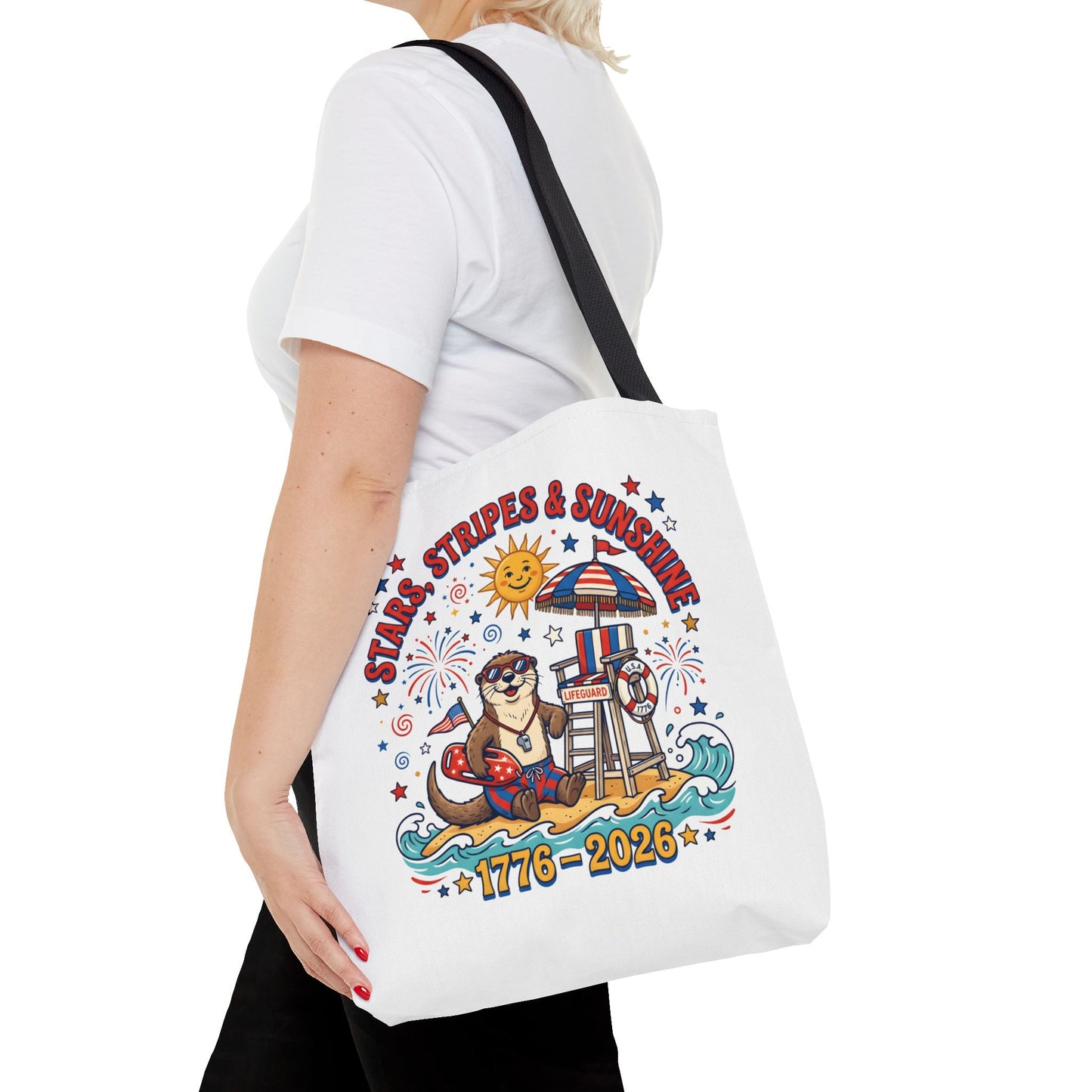 Stars, Stripes & Sunshine Tote Bag — 1776–2026 Patriotic Summer Beach Tote, 4th of July Tote