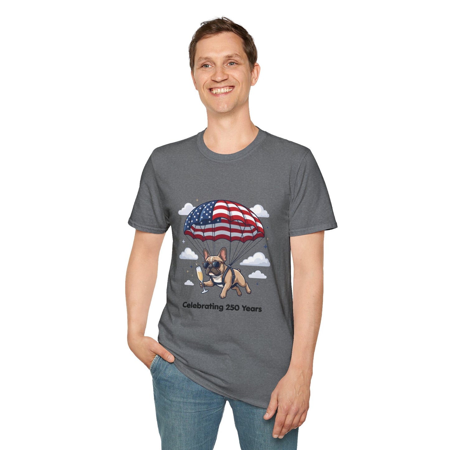 Patriotic French Bulldog T-Shirt — "Celebrating 250 Years" Parachute Design
