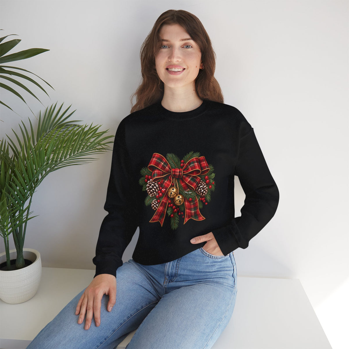 Christmas Plaid Bow Sweatshirt - Holiday Pinecone & Jingle Bells Crewneck