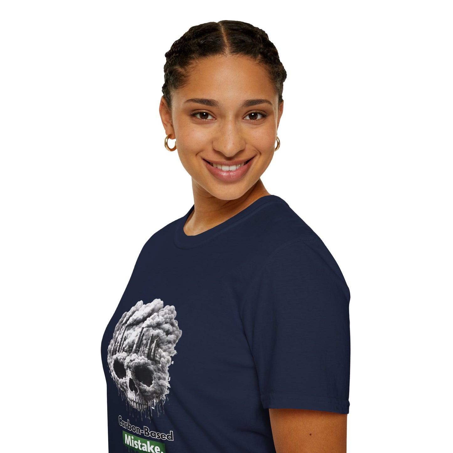 Carbon-Based Mistake Skull T-Shirt — Dark Humor Graphic Tee for Earth Day