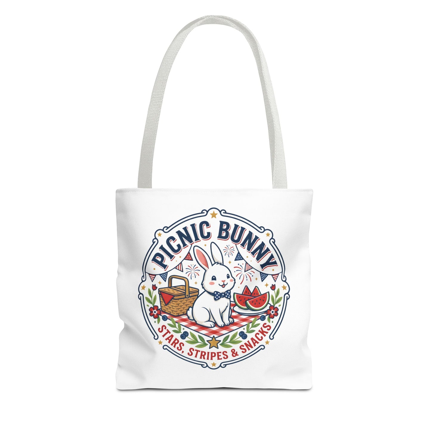 Patriotic Picnic Bunny Tote Bag — ‘Stars, Stripes & Snacks’ Cute Rabbit Picnic Tote, 4th of July Tote