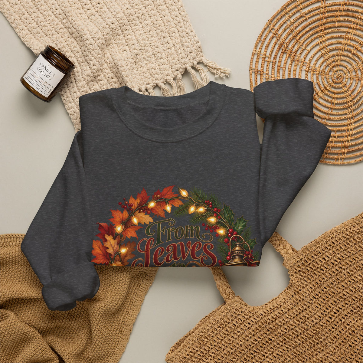 Christmas Crewneck Sweatshirt — "From Leaves to Lights" Autumn to Holiday Wreath Design