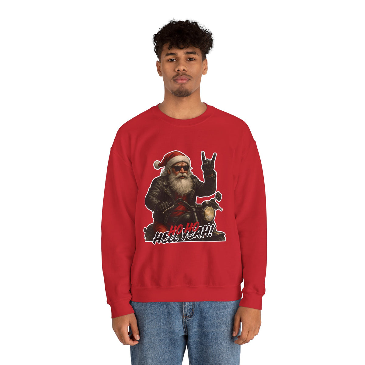 Santa Biker Crewneck Sweatshirt – 'Ho Ho Hell Yeah' Christmas Motorcycle Pullover