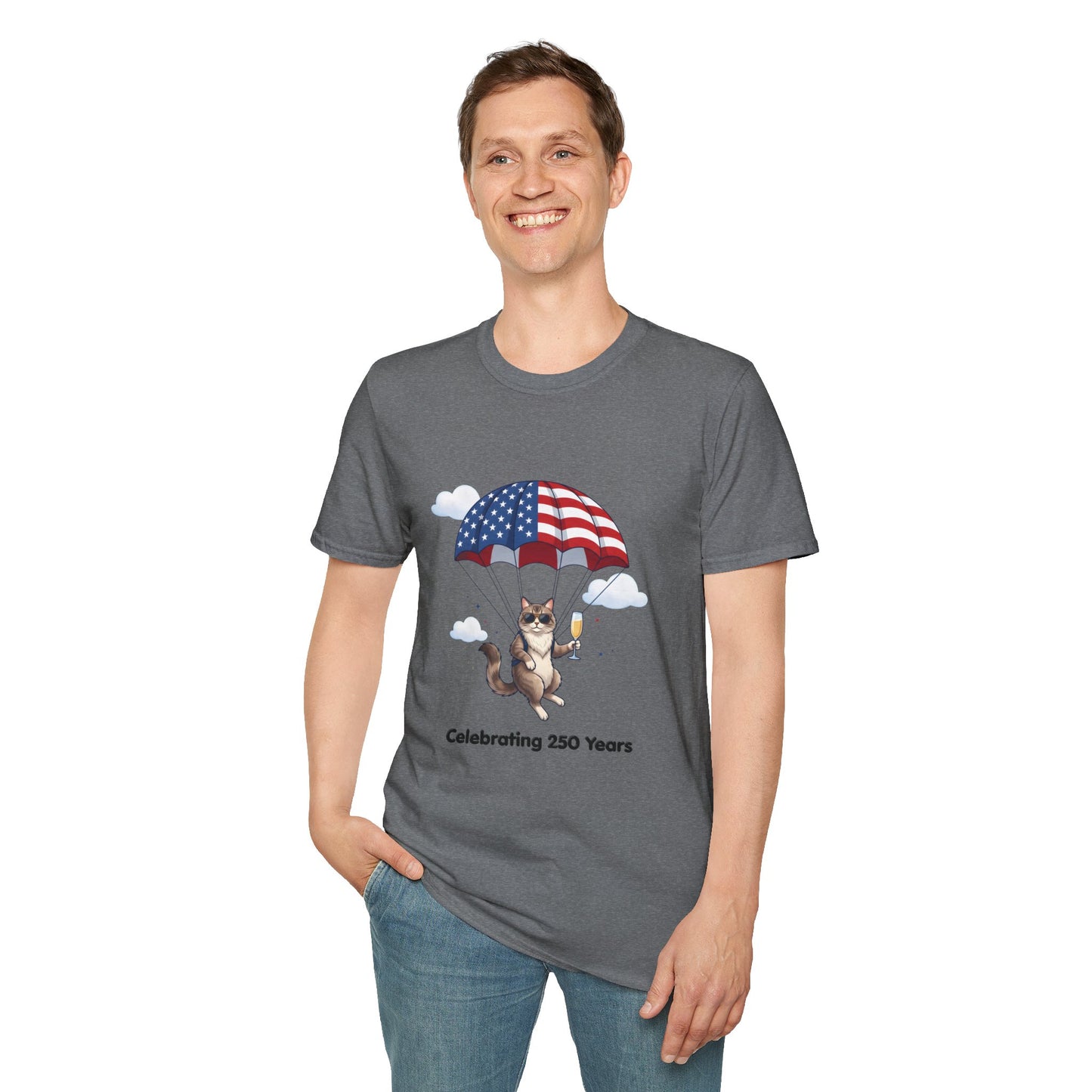 Patriotic Cat Parachute T-Shirt — "Celebrating 250 Years" 4th of July Tee