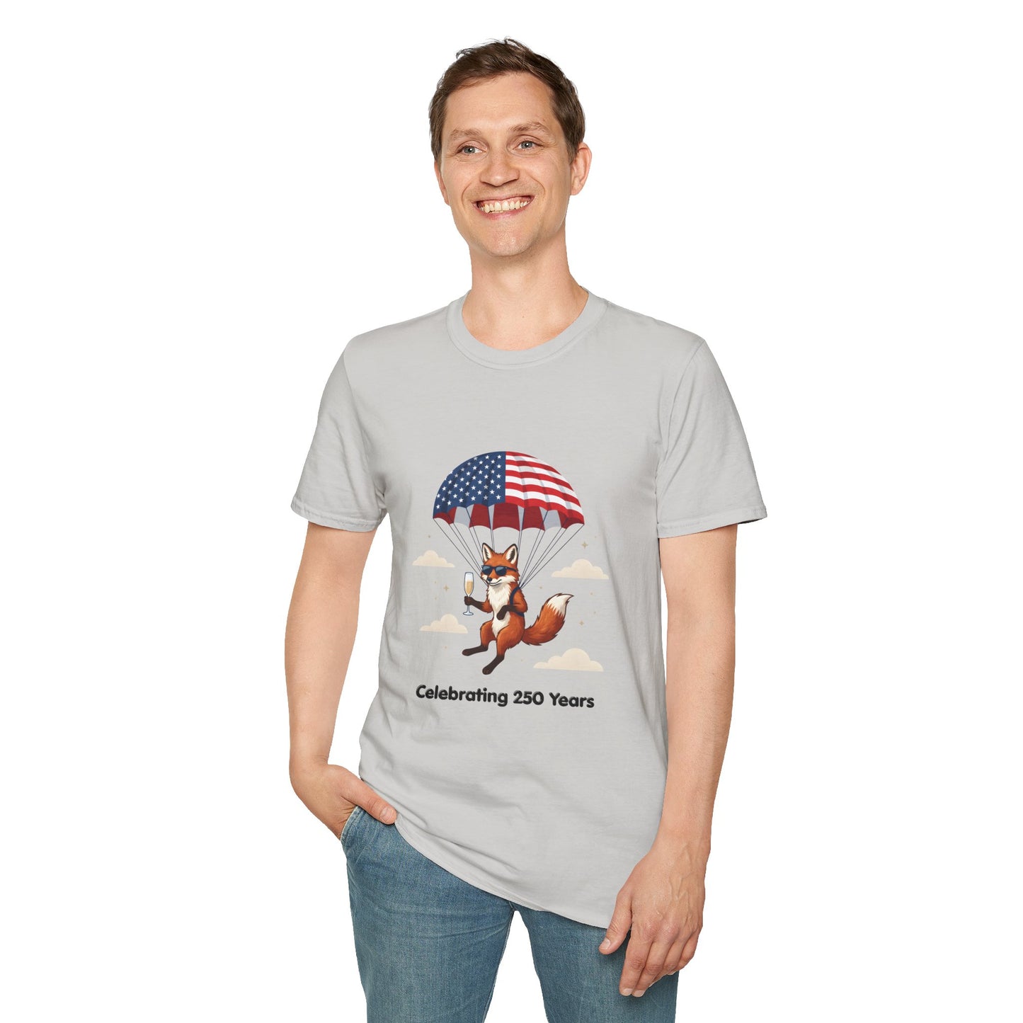 Patriotic Fox Parachute T-Shirt — "Celebrating 250 Years" Anniversary Tee