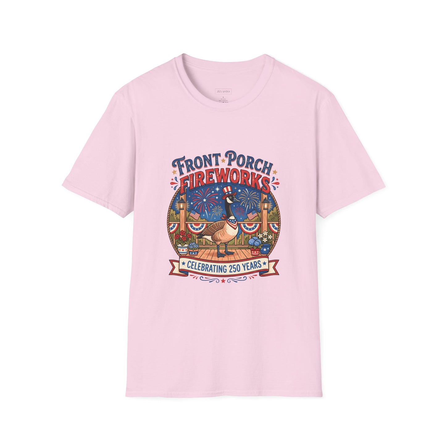 Front Porch Fireworks, Goose T-Shirt — Patriotic 4th of July Celebration Tee