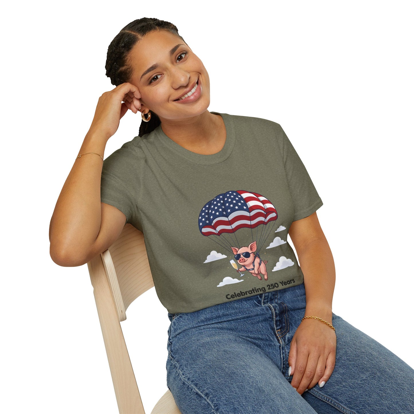 Patriotic Parachuting Piglet T-shirt - “Celebrating 250 Years”