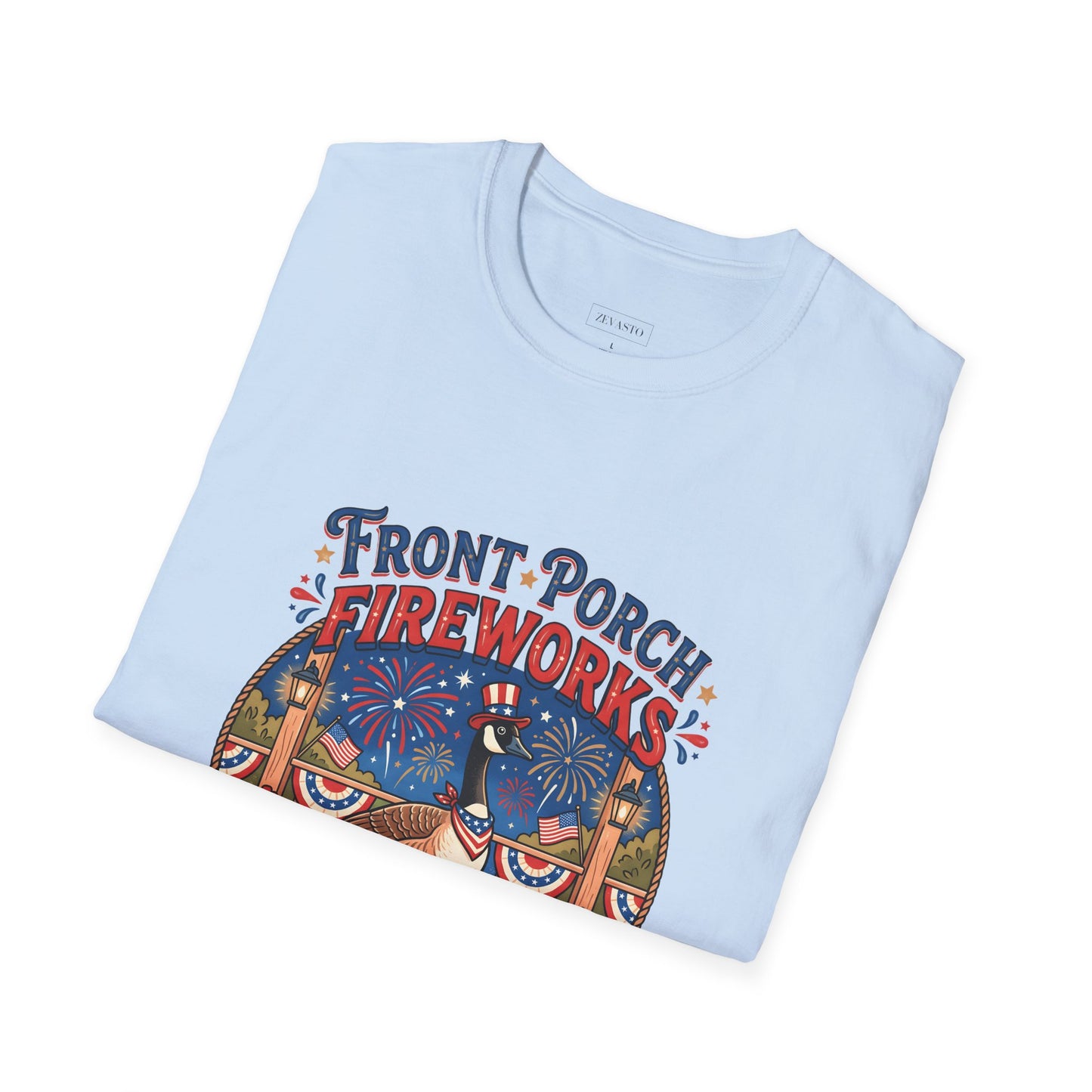 Front Porch Fireworks, Goose T-Shirt — Patriotic 4th of July Celebration Tee