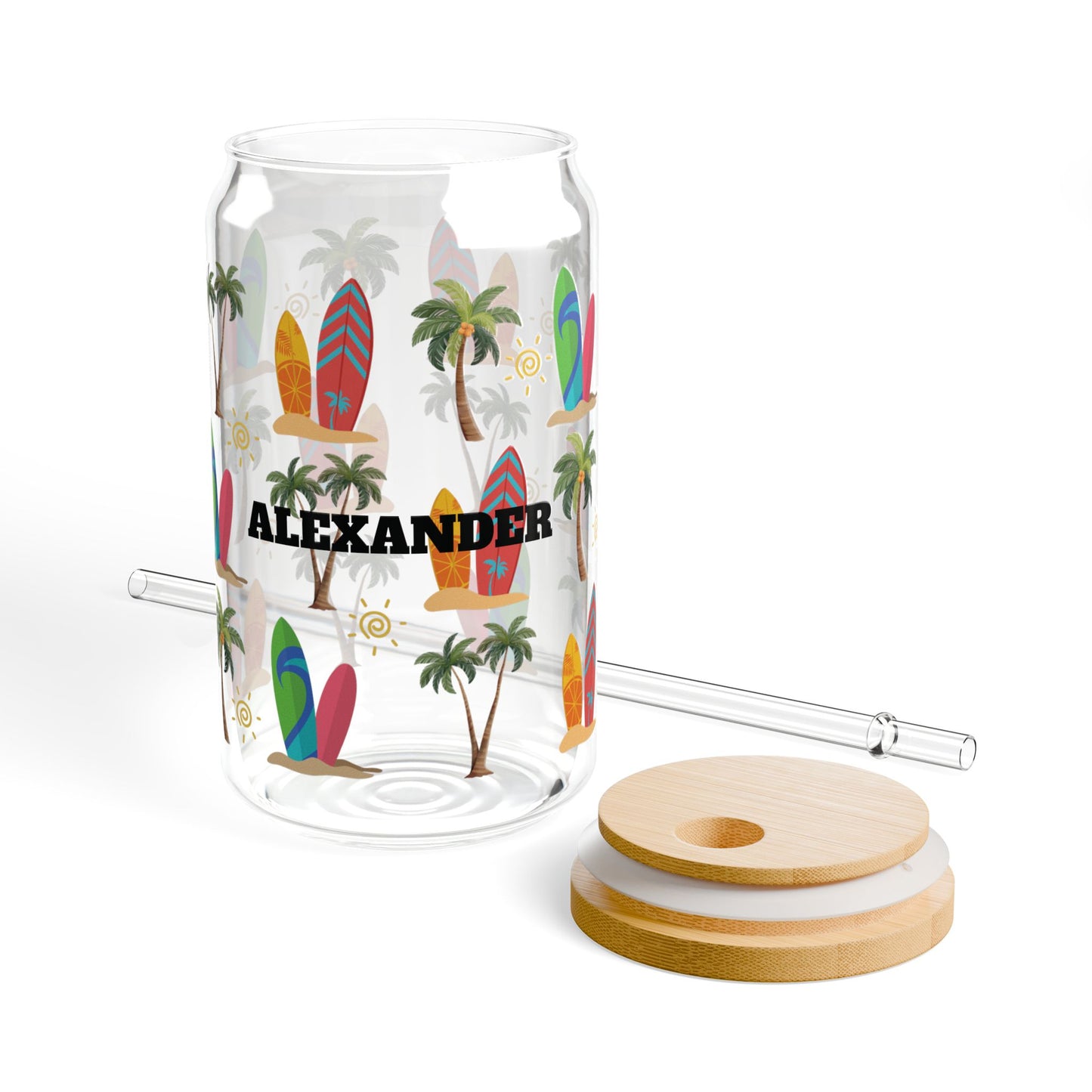 Personalized Surfboard Palm Sipper Glass – 16oz Tropical Beach Tumbler with Straw