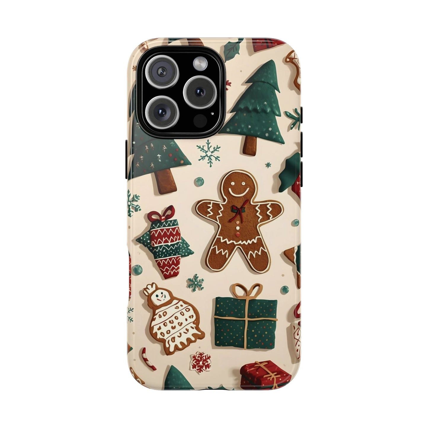 Christmas Phone Case with Gingerbread and Christmas Tree Design, Dual Layer Case for Iphone 17, 16, 15, 14, 13, 12, 11 & Samsung