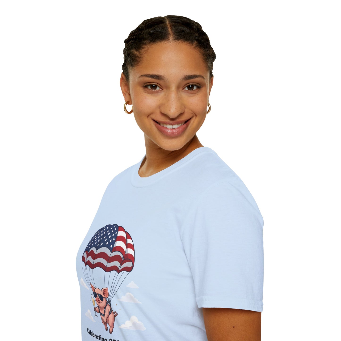 Patriotic Parachuting Piglet T-shirt - “Celebrating 250 Years”