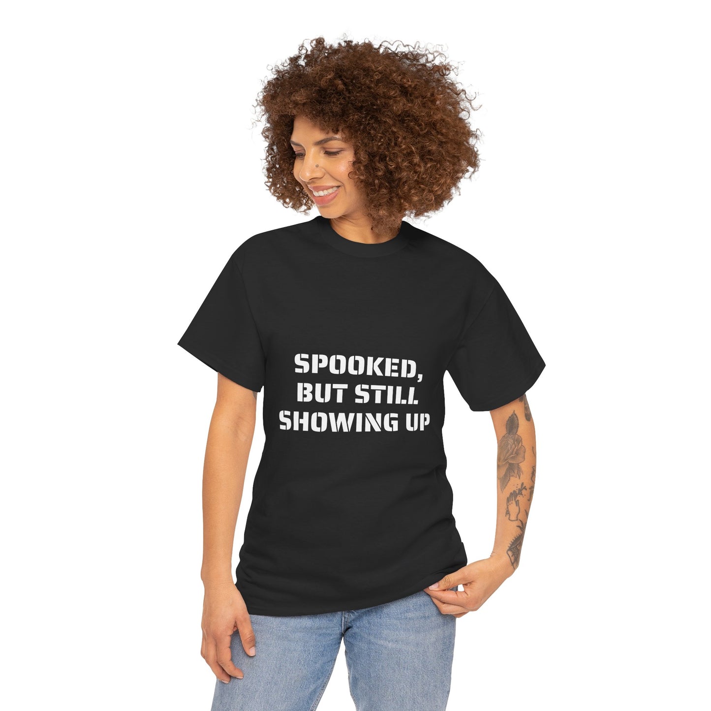 Spooked, But Still Showing Up Unisex Heavy Cotton Tee | Halloween, Funny T-Shirt