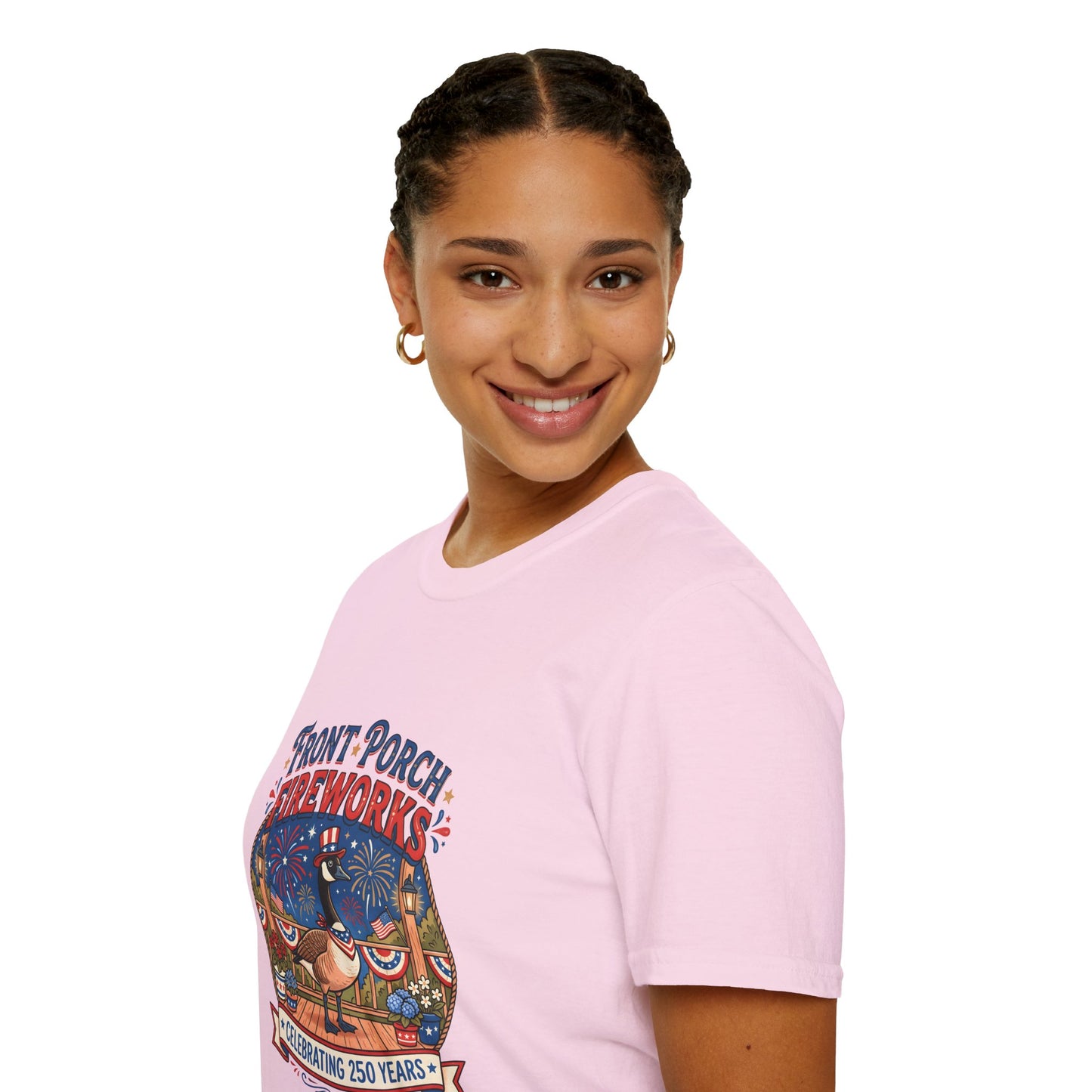 Front Porch Fireworks, Goose T-Shirt — Patriotic 4th of July Celebration Tee