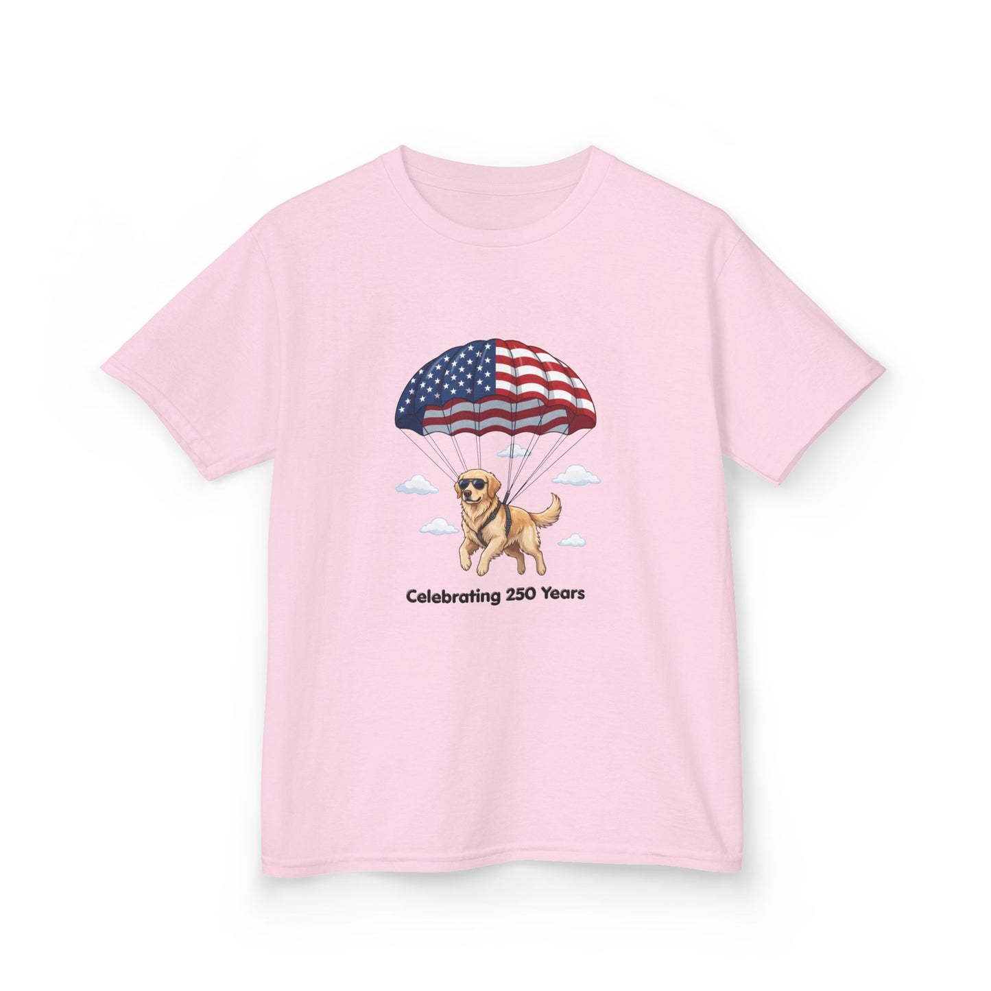 Kids Tee — Dog with Parachute, "Celebrating 250 Years" (Patriotic Fourth of July)