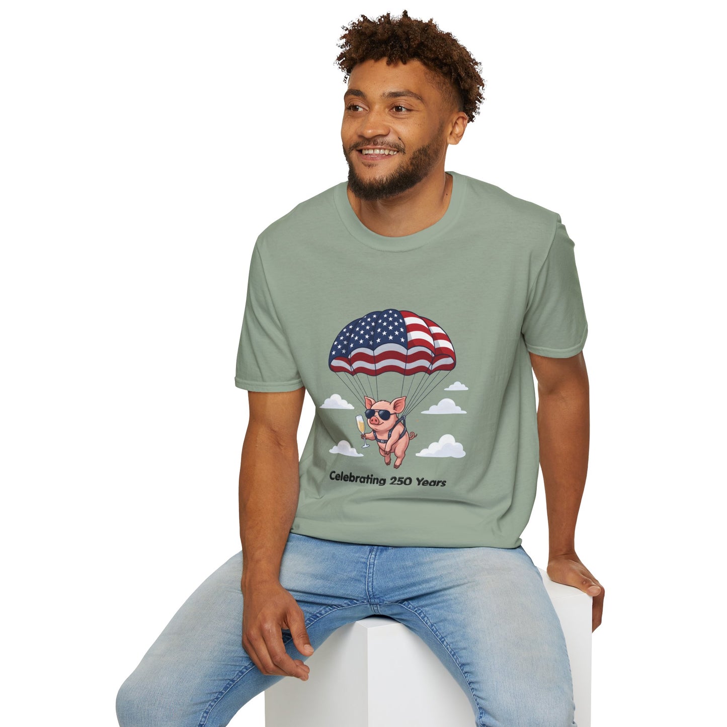 Patriotic Parachuting Piglet T-shirt - “Celebrating 250 Years”