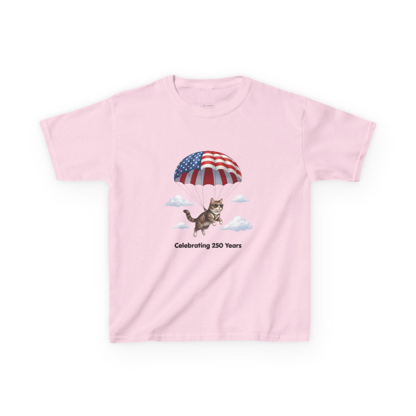 Kids Patriotic Parachuting Cat Tee — "Celebrating 250 Years"