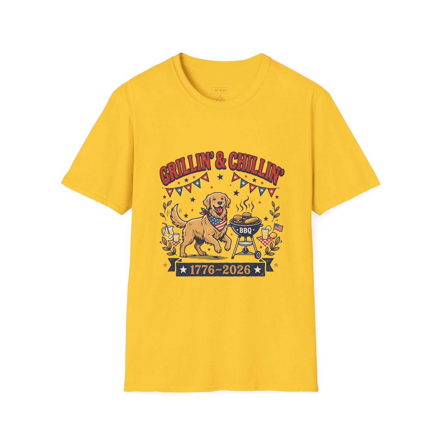 Grillin' & Chillin' BBQ Dog T-Shirt — 1776-2026 Patriotic Summer Tee, 4th of July Shirt, Independence Day Tee