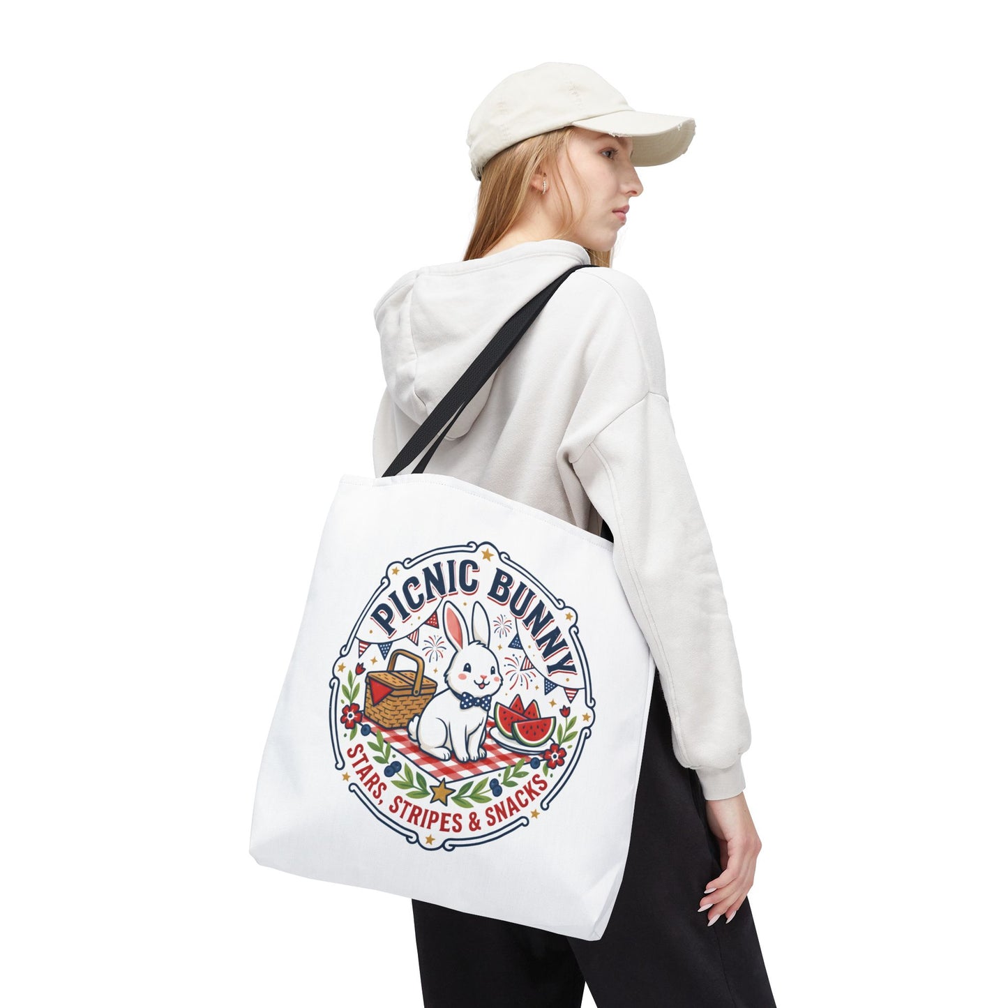 Patriotic Picnic Bunny Tote Bag — ‘Stars, Stripes & Snacks’ Cute Rabbit Picnic Tote, 4th of July Tote