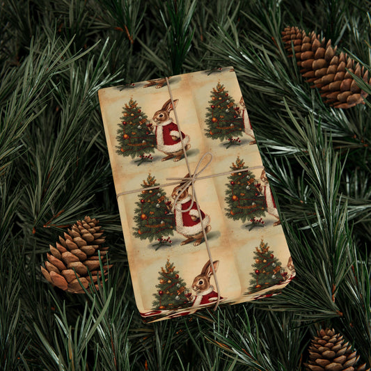 Vintage Christmas Wrapping Paper Roll - Vintage Holiday Gift Wrap with Bunny Design