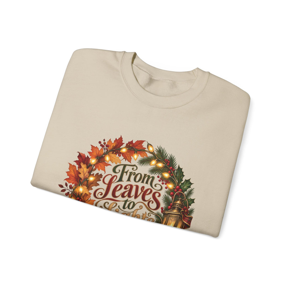 Christmas Crewneck Sweatshirt — "From Leaves to Lights" Autumn to Holiday Wreath Design