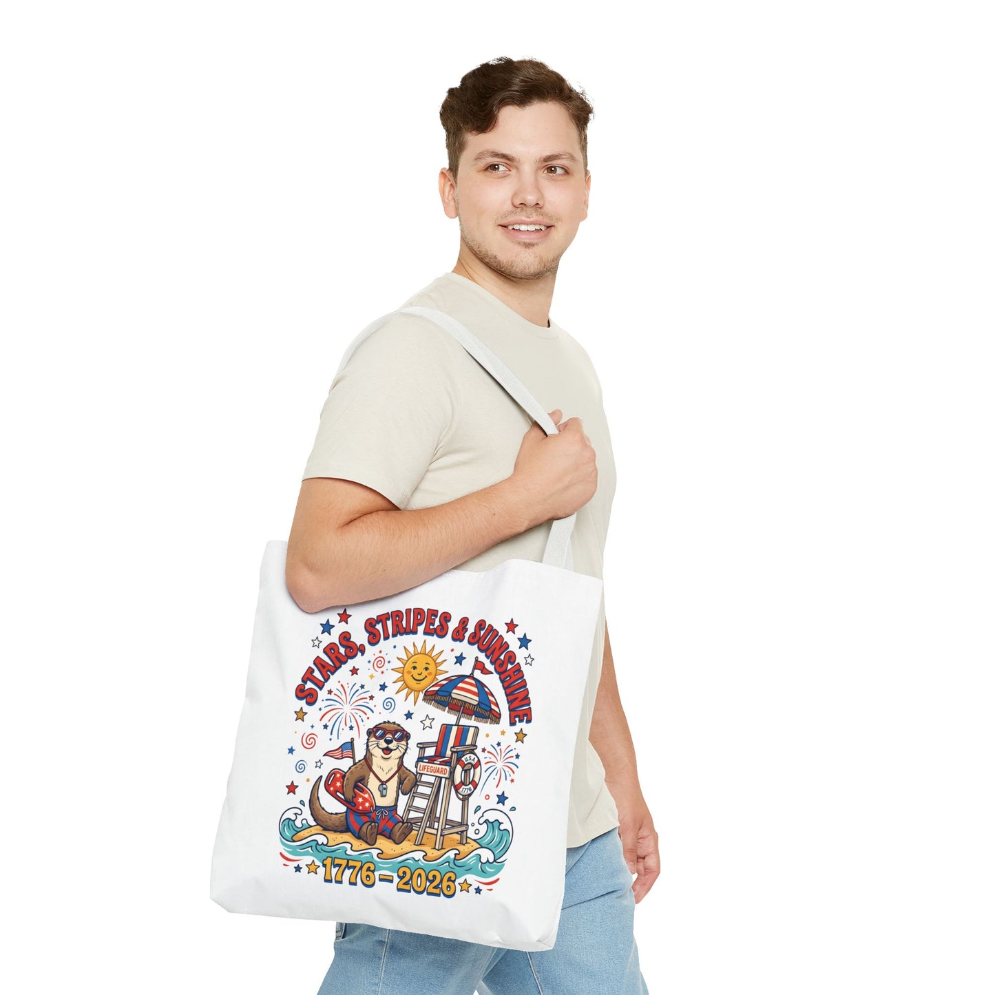 Stars, Stripes & Sunshine Tote Bag — 1776–2026 Patriotic Summer Beach Tote, 4th of July Tote