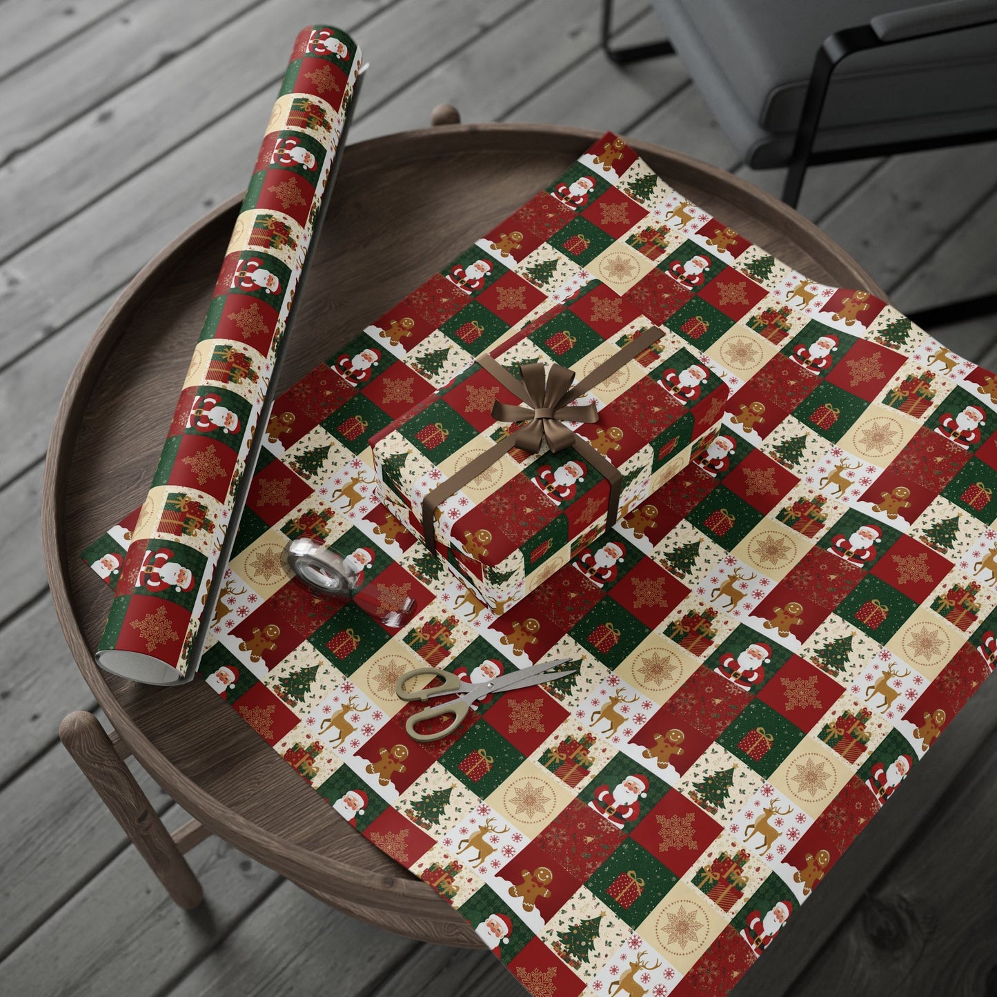 Christmas Patchwork Wrapping Paper Roll — Gingerbread, Trees & Red Green Christmas Pattern
