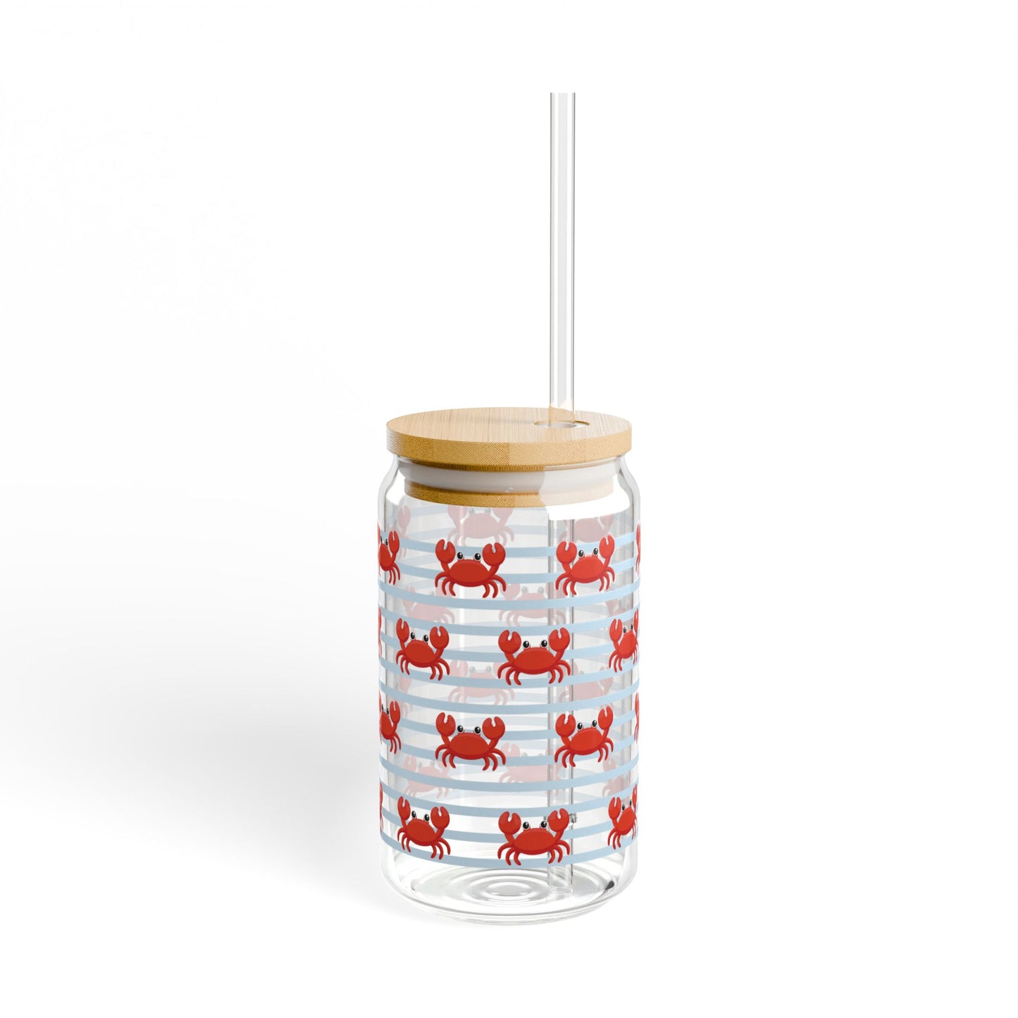 Crab Pattern 16oz Sipper Glass with Bamboo Lid & Straw — Coastal Beach Drink Tumbler