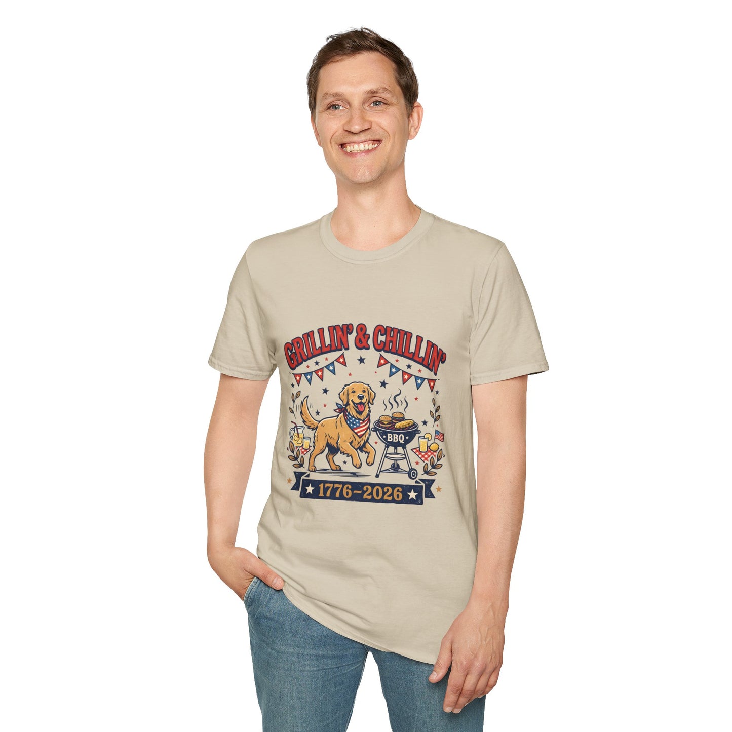 Grillin' & Chillin' BBQ Dog T-Shirt — 1776-2026 Patriotic Summer Tee, 4th of July Shirt, Independence Day Tee