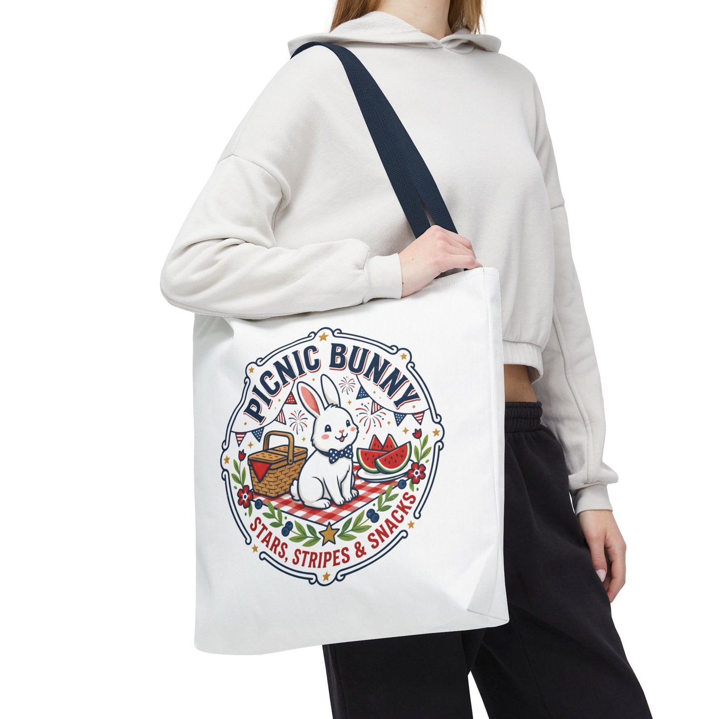 Patriotic Picnic Bunny Tote Bag — ‘Stars, Stripes & Snacks’ Cute Rabbit Picnic Tote, 4th of July Tote