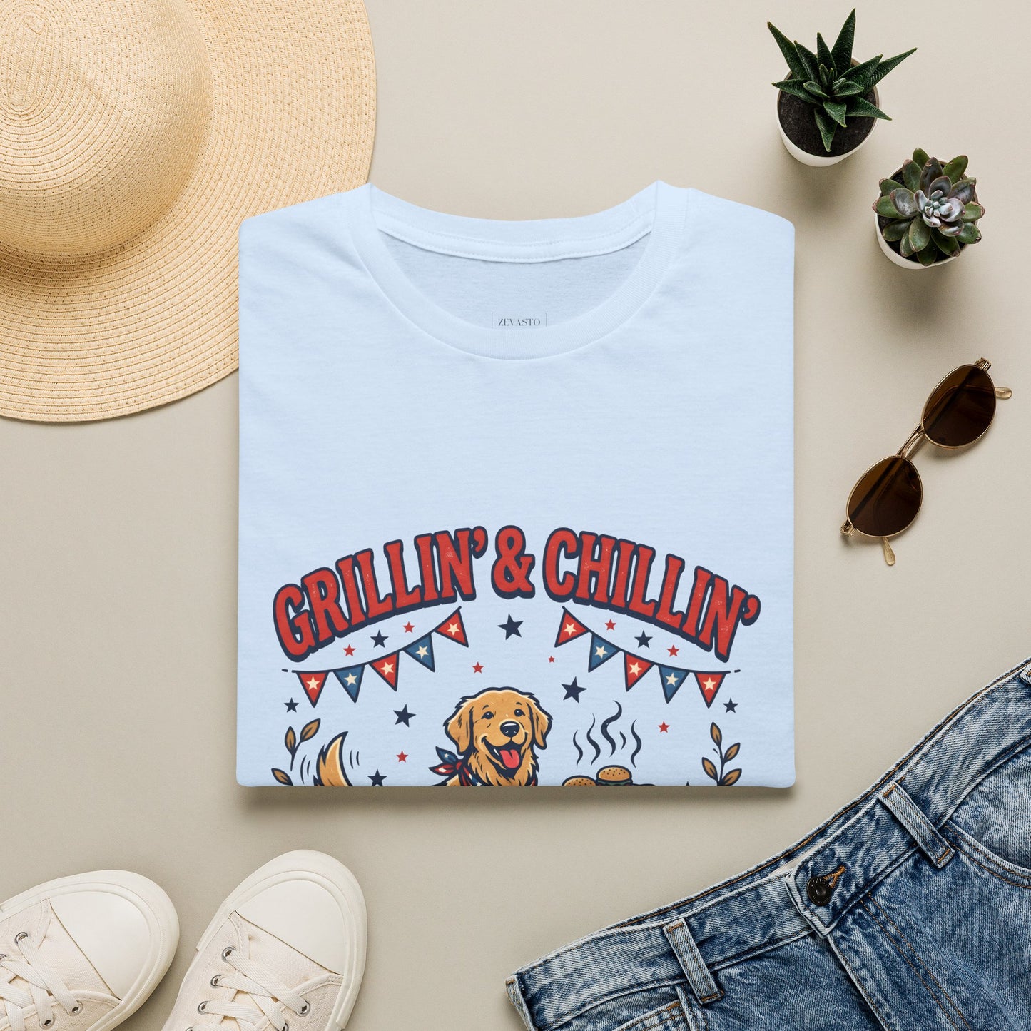 Grillin' & Chillin' BBQ Dog T-Shirt — 1776-2026 Patriotic Summer Tee, 4th of July Shirt, Independence Day Tee