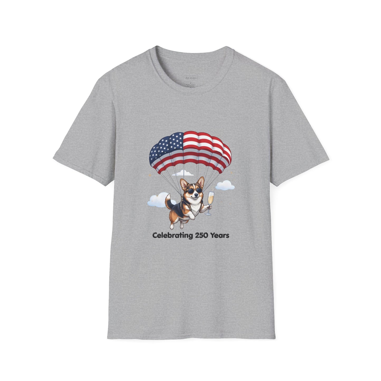 Corgi Parachute American Flag T-Shirt — "Celebrating 250 Years" Patriotic Tee